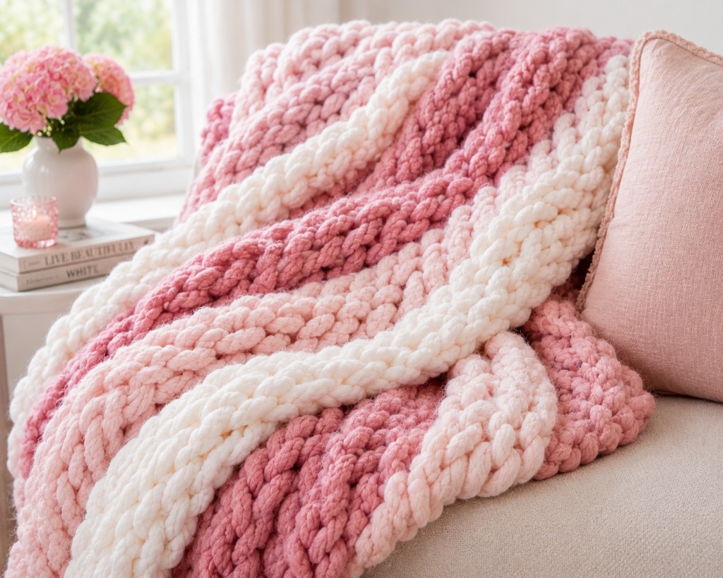 Pink striped chunky knit blanket with hydrangeas on a sofa