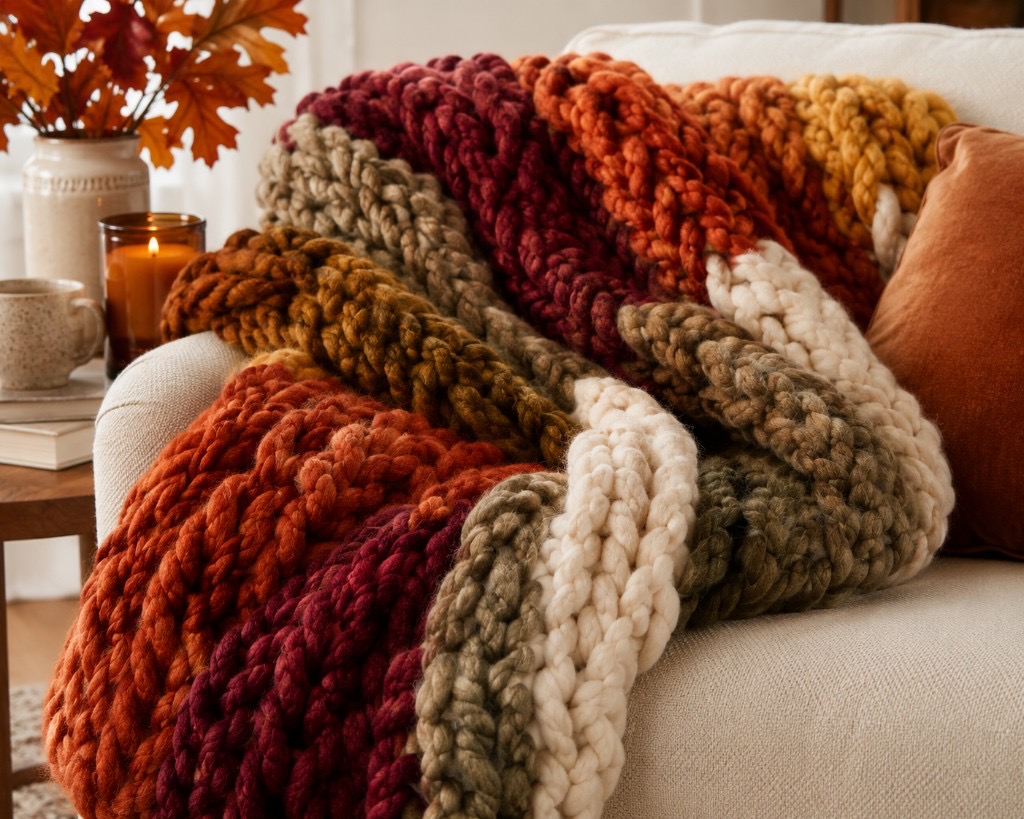 Autumn-colored chunky knit blanket draped over a cream armchair