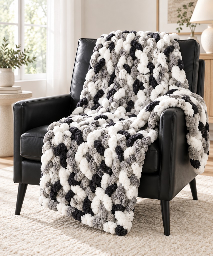 Black, white, and gray looped chunky knit blanket on a black leather chair