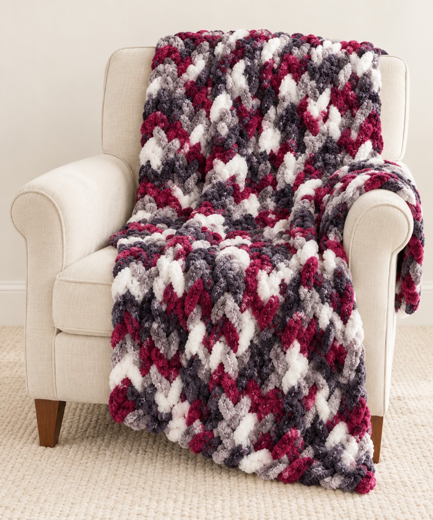 Burgundy, gray, and cream chevron chunky knit blanket on a beige armchair