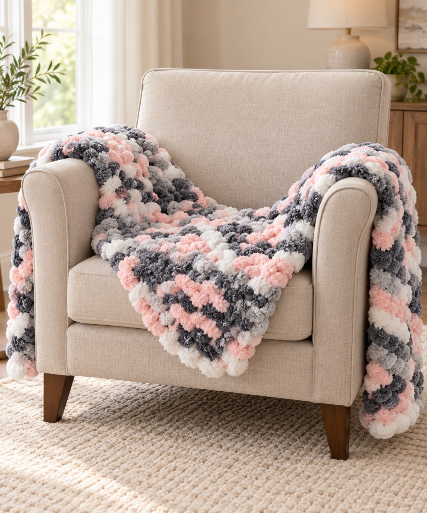 Pink, gray, and cream looped chunky knit blanket on a beige armchair