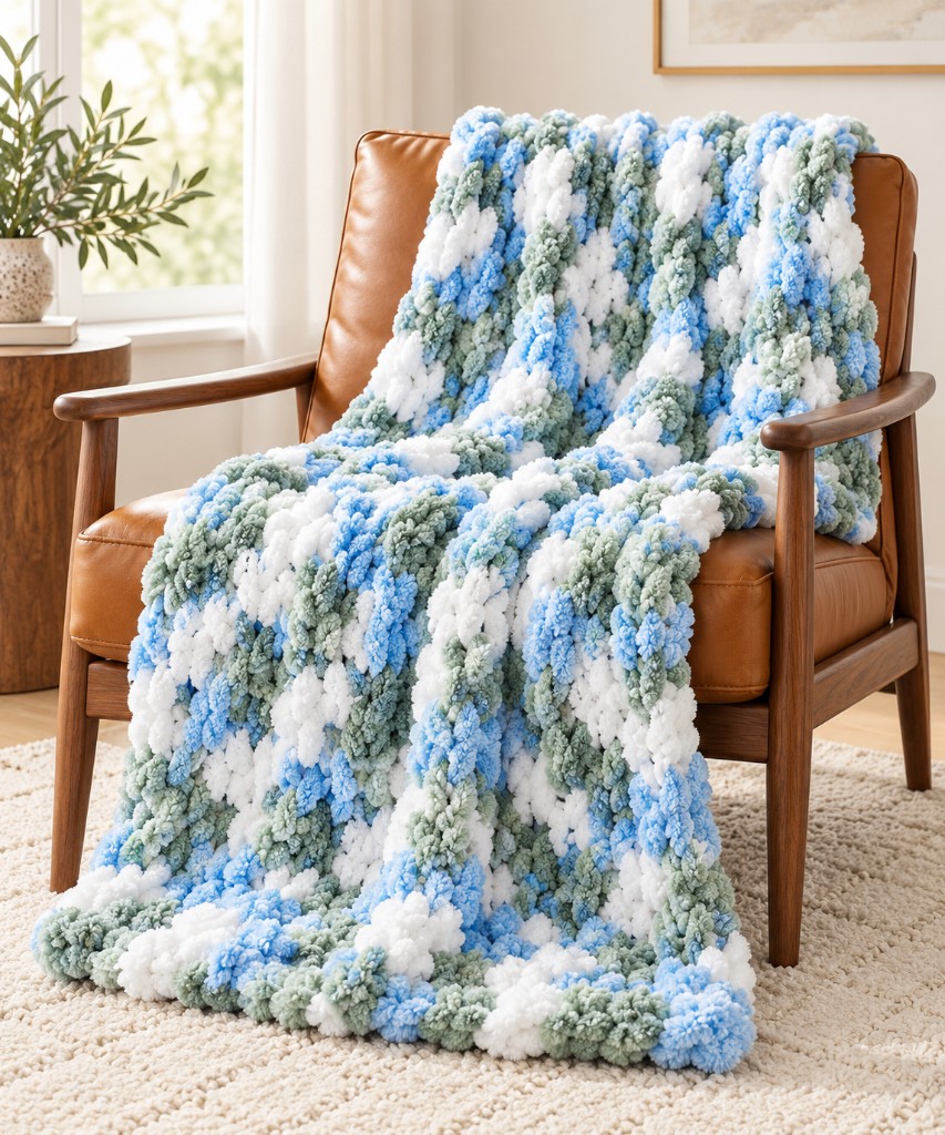 Blue, sage, and cream looped chunky knit blanket on a brown leather chair