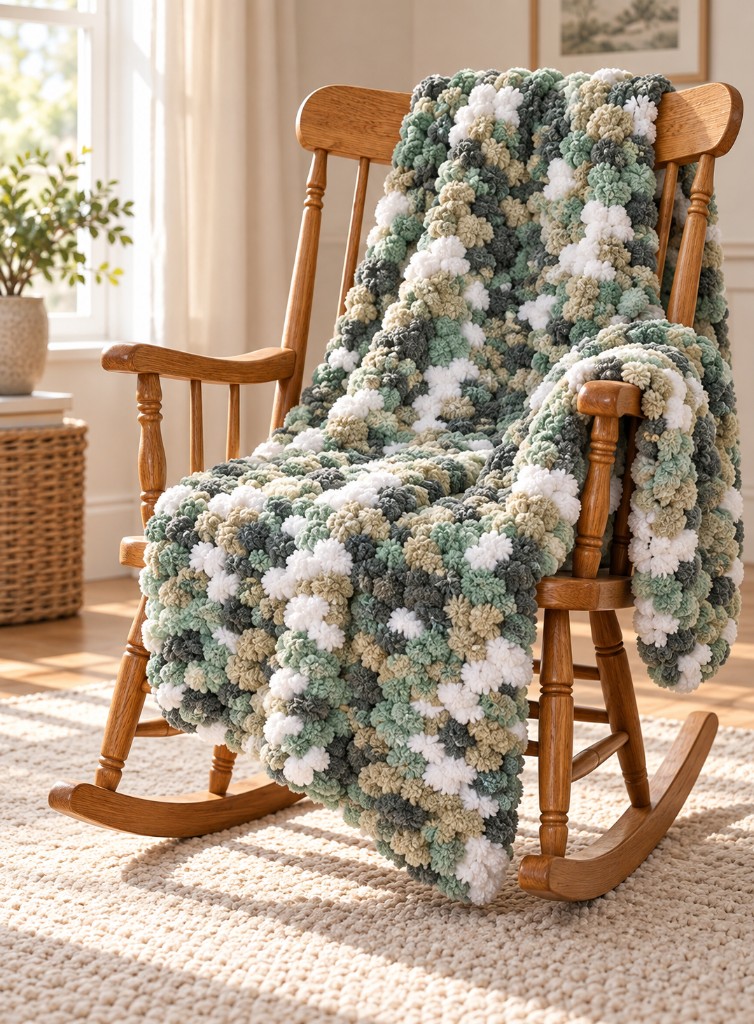 Sage, cream, and gray looped chunky knit blanket on a wooden rocking chair
