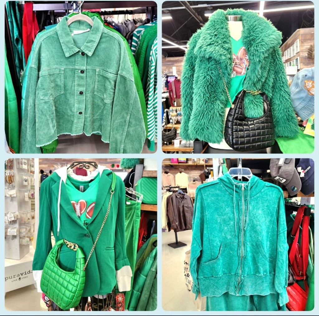 Green fan apparel on display, including a corduroy jacket, faux-fur coat, blazer, and hoodie