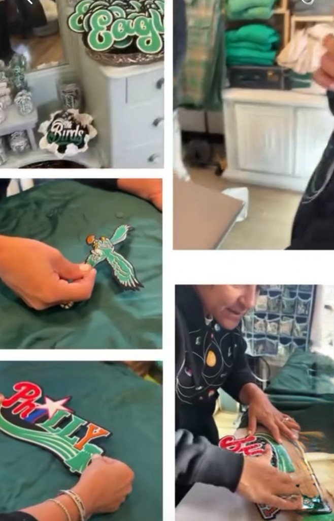Collage of custom Eagles and Philly patches being placed and pressed onto green apparel