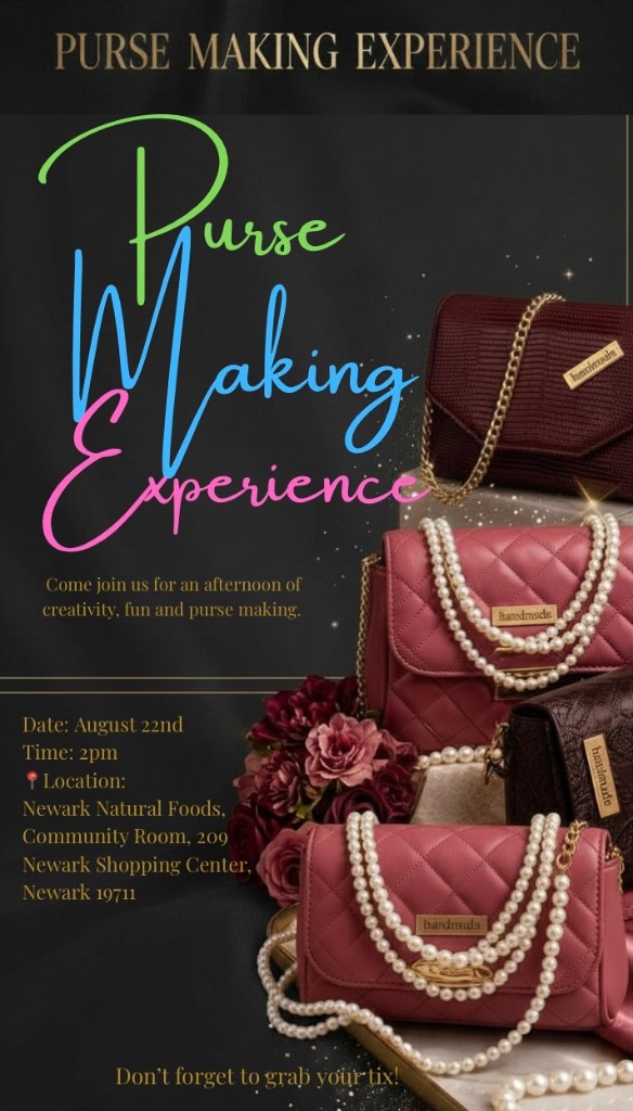 Purse Making Experience flyer with pink and burgundy handmade purses
