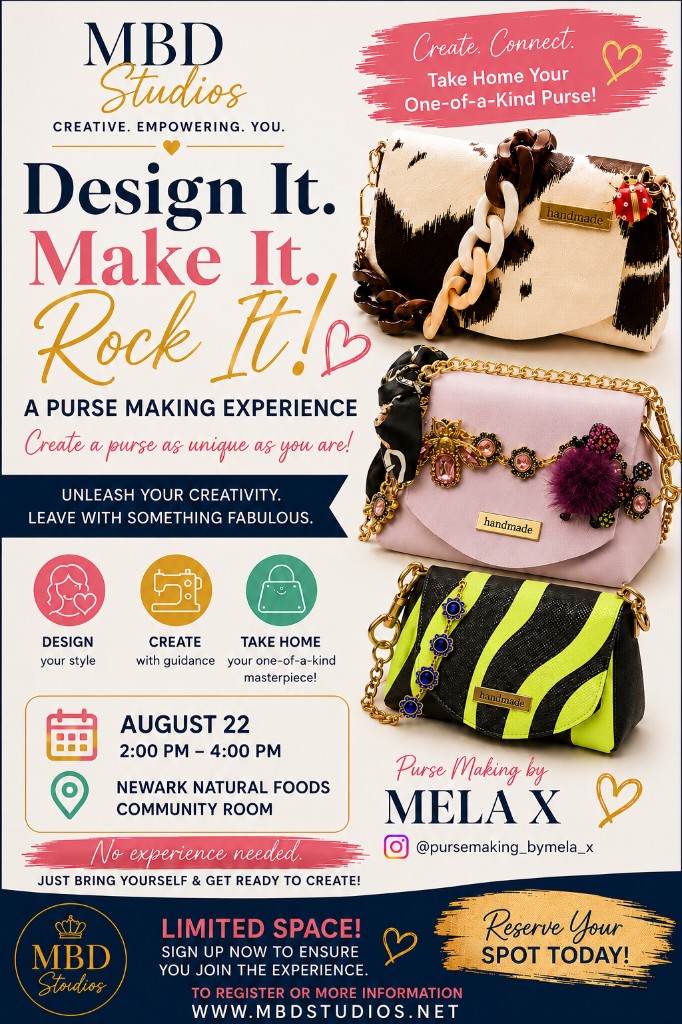 MBD Studios flyer for the August 22 purse making workshop with MELA X